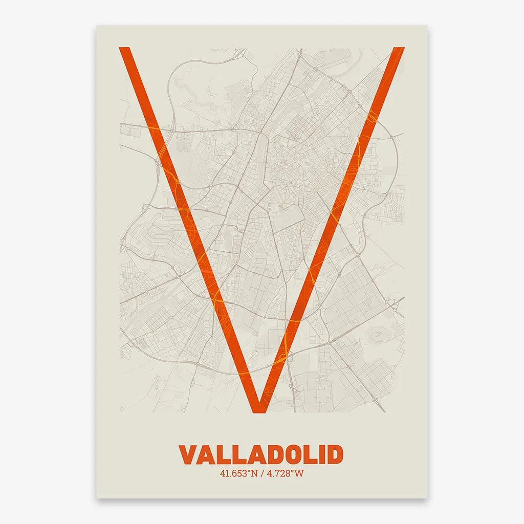 Poster of Valladolid composed with letters in extra light font printed on orange and an off-white background
