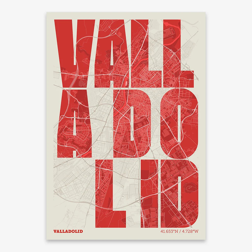 Decorative print of Valladolid with letters of its name placed randomly, designed in red and an off-white background