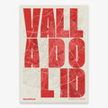 Decorative print of Valladolid with letters of its name placed randomly, designed in red and an off-white background