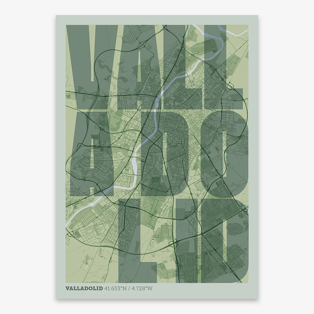 Decorative print of Valladolid with letters of its name placed randomly, designed in two green tones