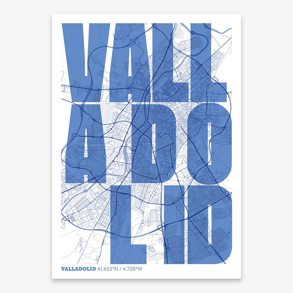 Decorative print of Valladolid with letters of its name placed randomly, designed in navy blue and white