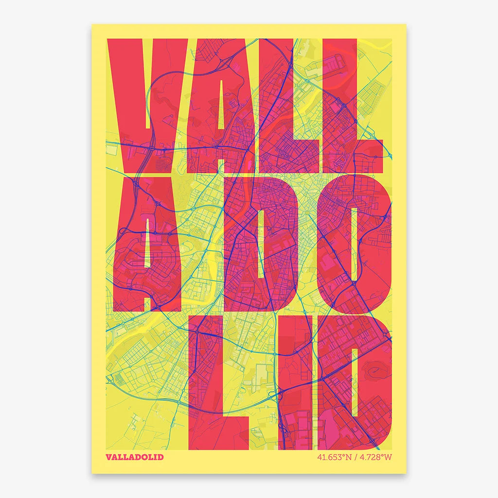 Decorative print of Valladolid with letters of its name placed randomly, designed in yellow and fuchsia