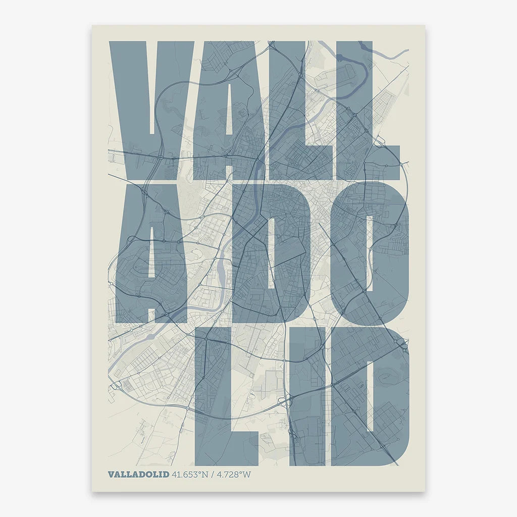 Decorative print of Valladolid with letters of its name placed randomly, designed in bluish gray and an off-white background