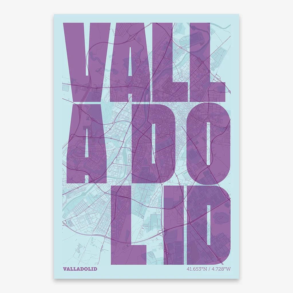 Decorative print of Valladolid with letters of its name placed randomly, designed in purple and light blue