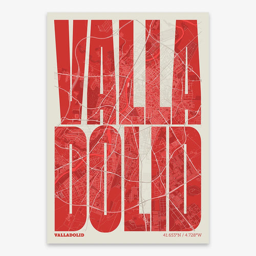 Mapa de Valladolid en el diseño la Extra Comprimida, donde las letras se ajustan al ancho del mapa de la ciudad diseñado en rojo y fondo blanco roto