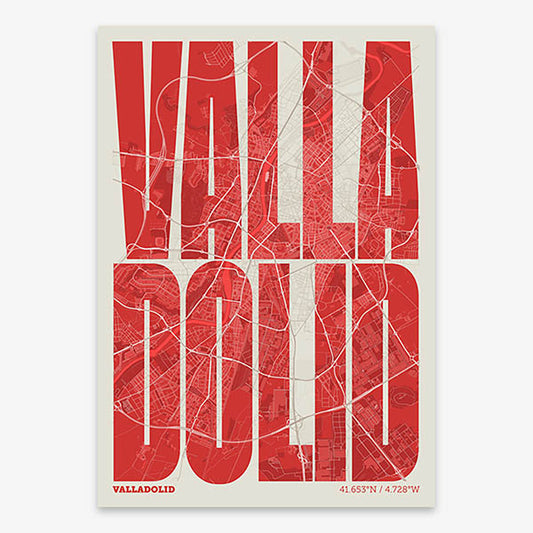 Decorative map of Valladolid and letters of its name in a giclée print designed in red and an off-white background
