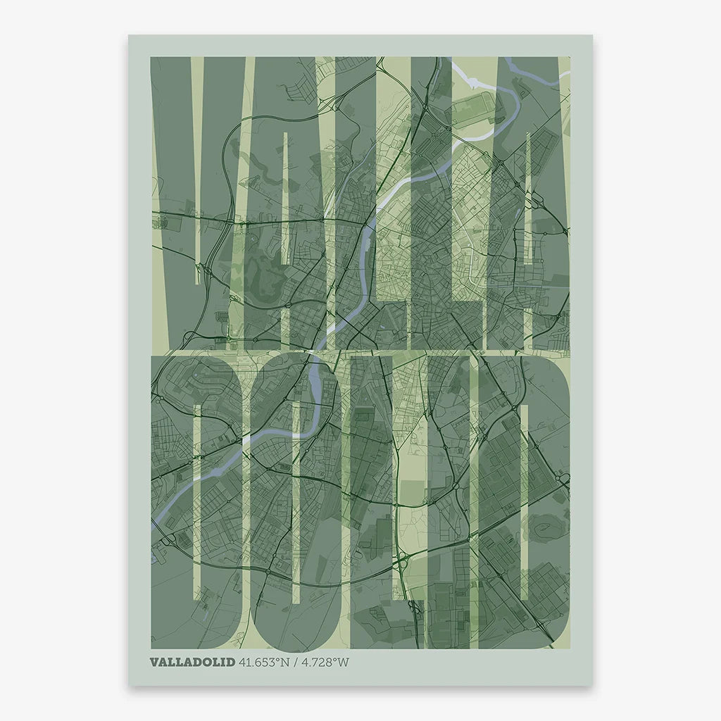 Decorative map of Valladolid and letters of its name in a giclée print designed in two green tones