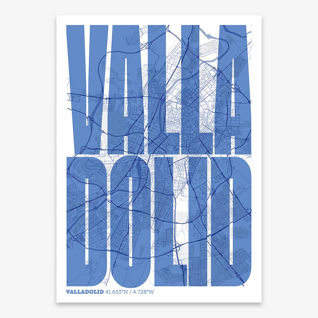 Decorative map of Valladolid and letters of its name in a giclée print designed in navy blue and white