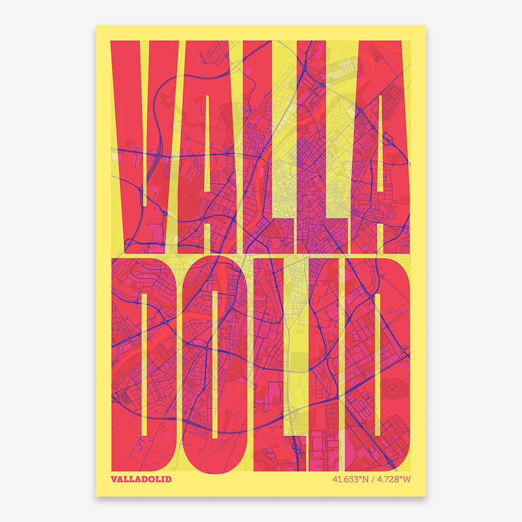 Decorative map of Valladolid and letters of its name in a giclée print designed in yellow and fuchsia