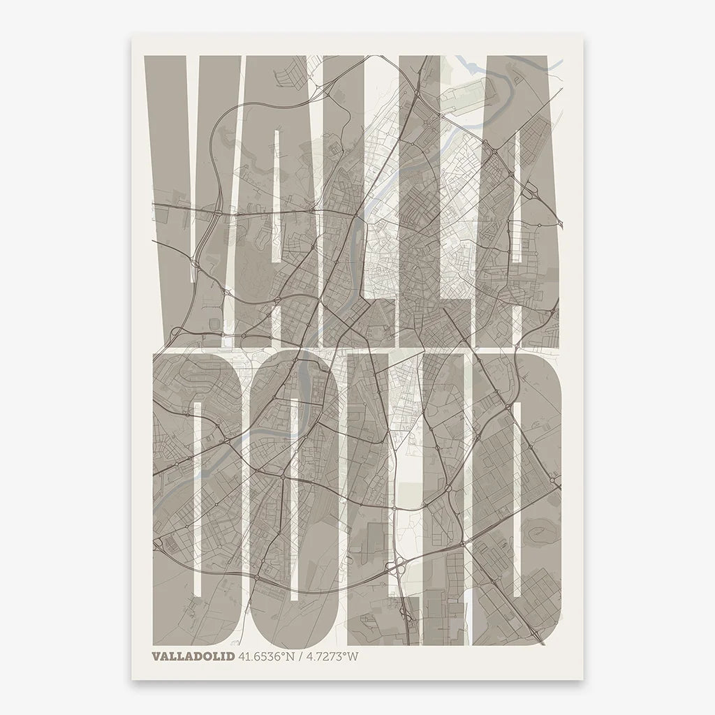 Decorative map of Valladolid and letters of its name in a giclée print designed in light brown and an off-white background