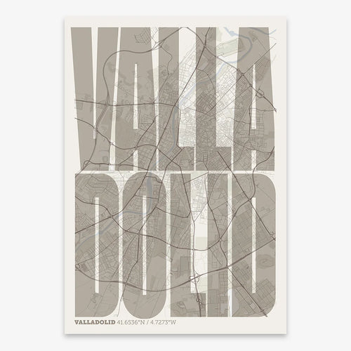 Mapa de Valladolid en el diseño la Extra Comprimida, donde las letras se ajustan al ancho del mapa de la ciudad diseñado en marrón claro y fondo blanco roto