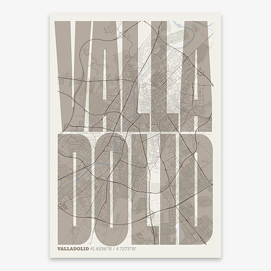 Decorative map of Valladolid and letters of its name in a giclée print designed in light brown and an off-white background