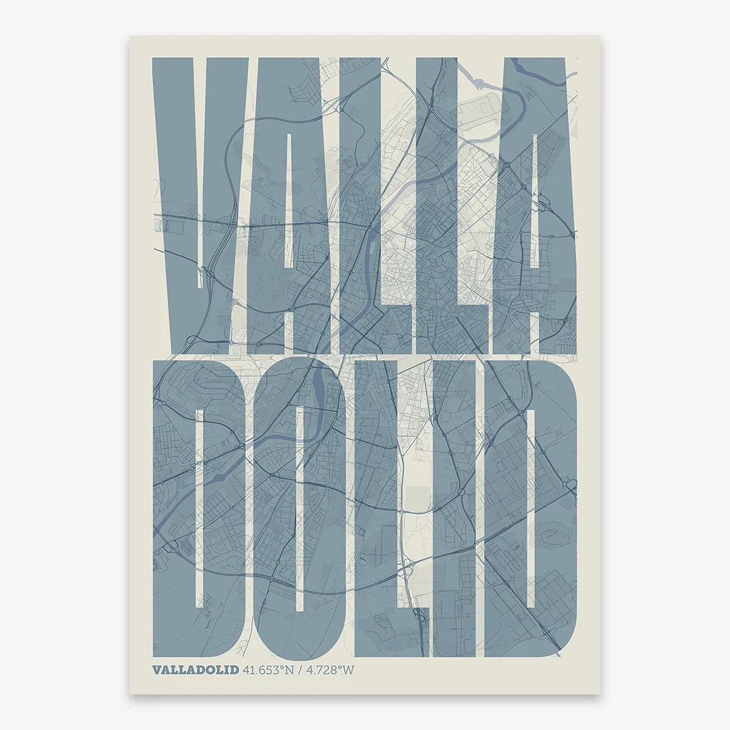 Decorative map of Valladolid and letters of its name in a giclée print designed in bluish gray and an off-white background