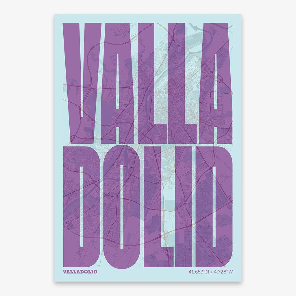 Decorative map of Valladolid and letters of its name in a giclée print designed in purple and light blue