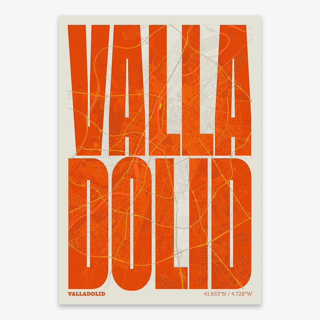 Decorative map of Valladolid and letters of its name in a giclée print designed in orange and an off-white background