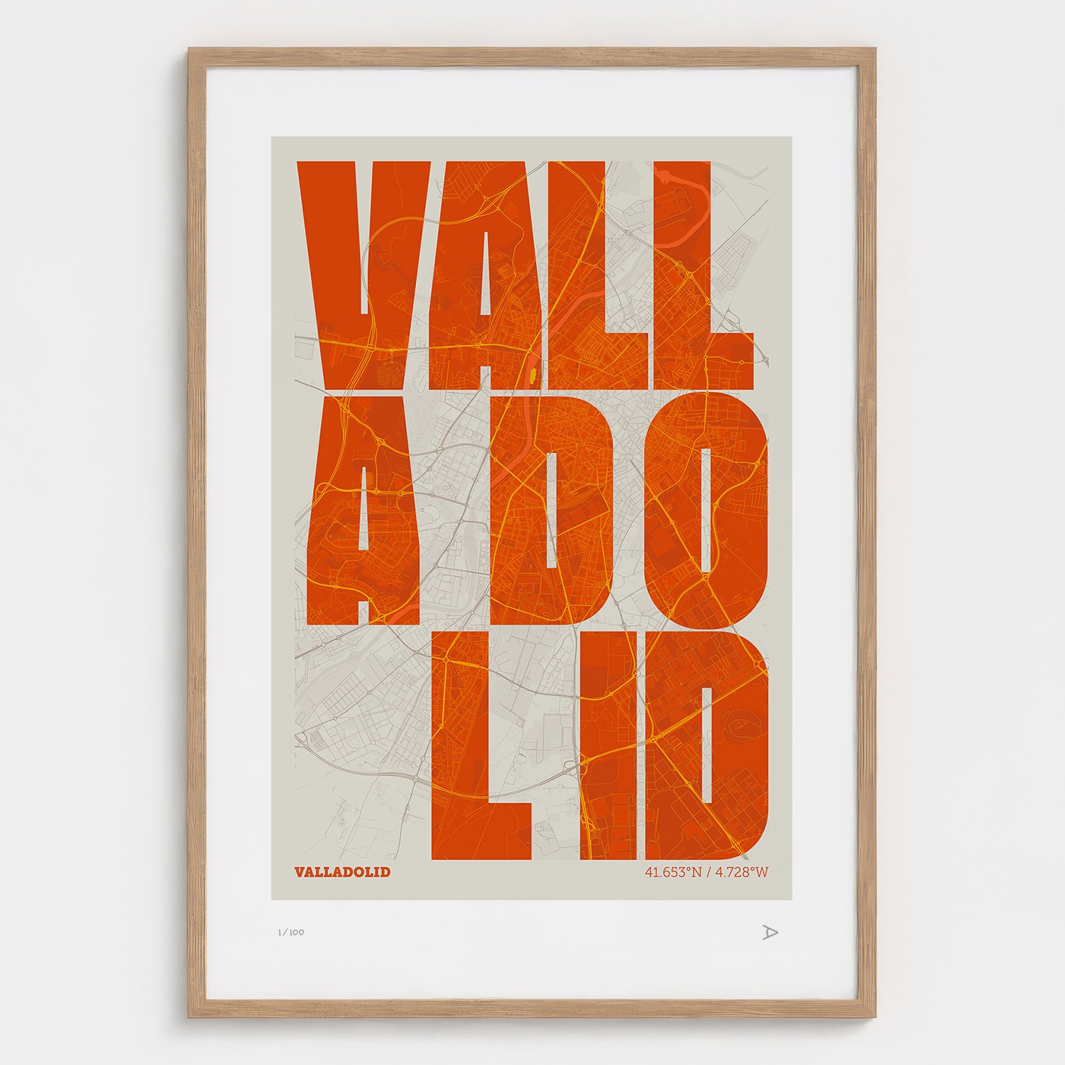 Lámina tipográfica de Valladolid – diseño Revoltosa, marco de madera natural