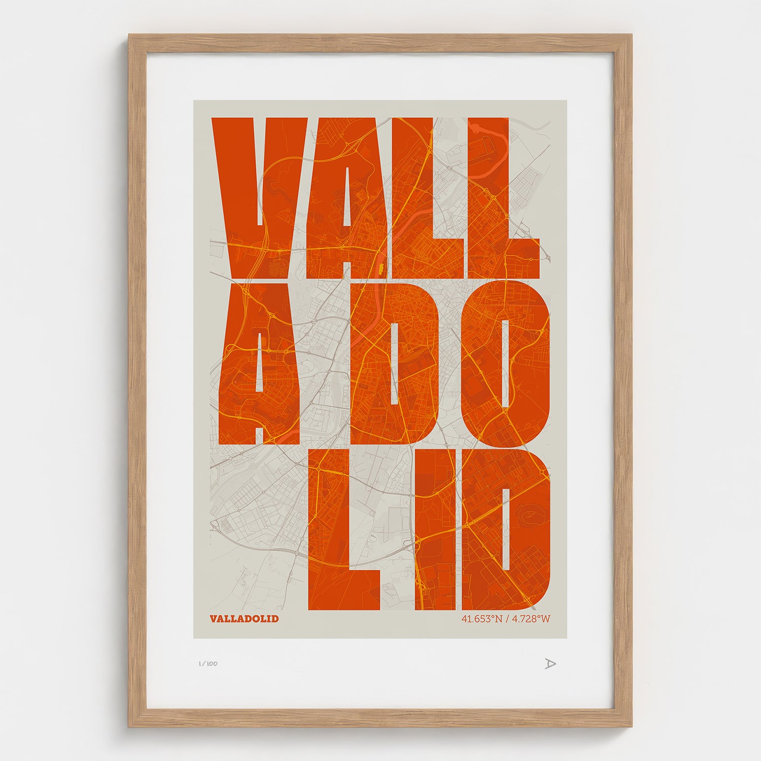 Lámina tipográfica de Valladolid – diseño Revoltosa, marco de madera natural