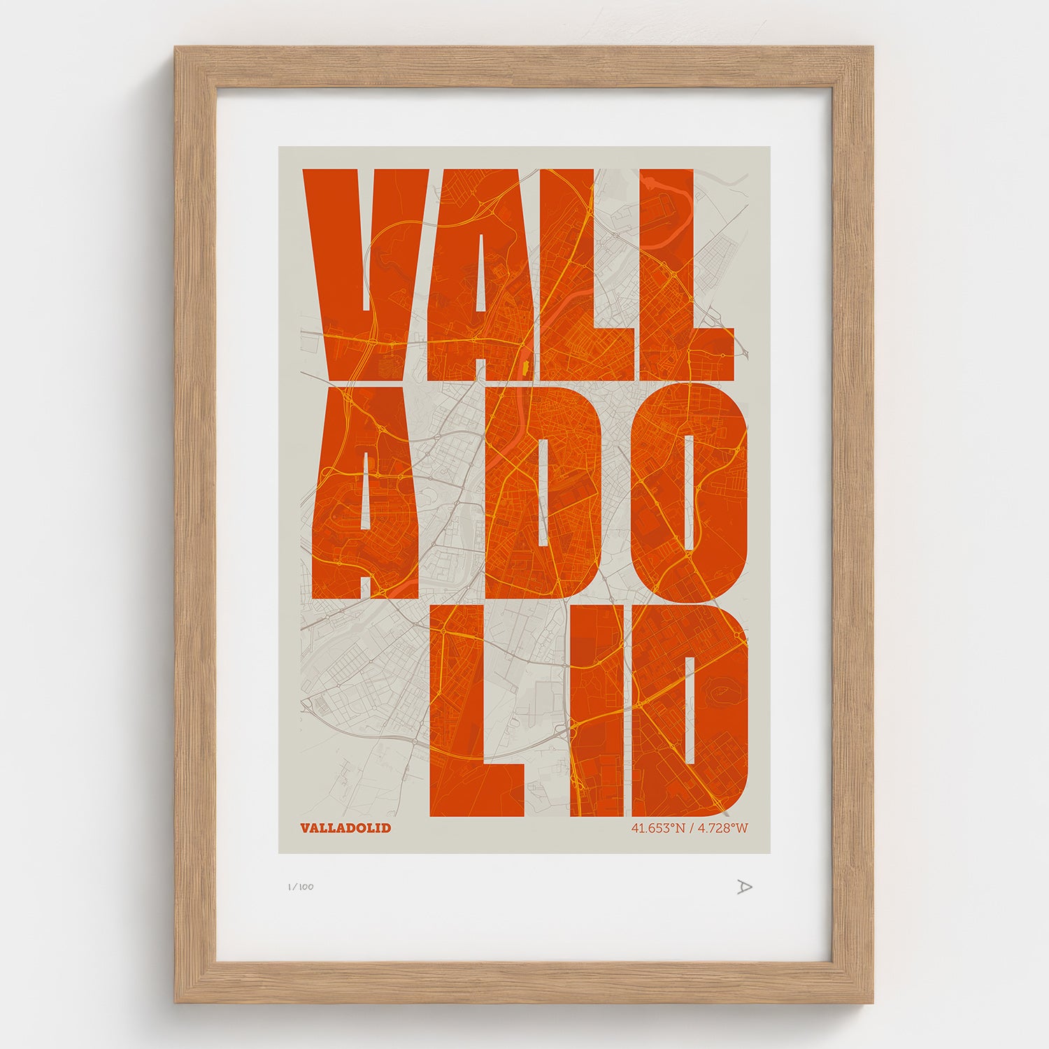 Lámina tipográfica de Valladolid – diseño Revoltosa, marco de madera natural