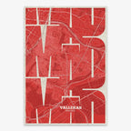 The map of Vallecas in Inseparable design, featuring the city's abbreviation in expressive typography over a detailed urban map designed in red and an off-white background