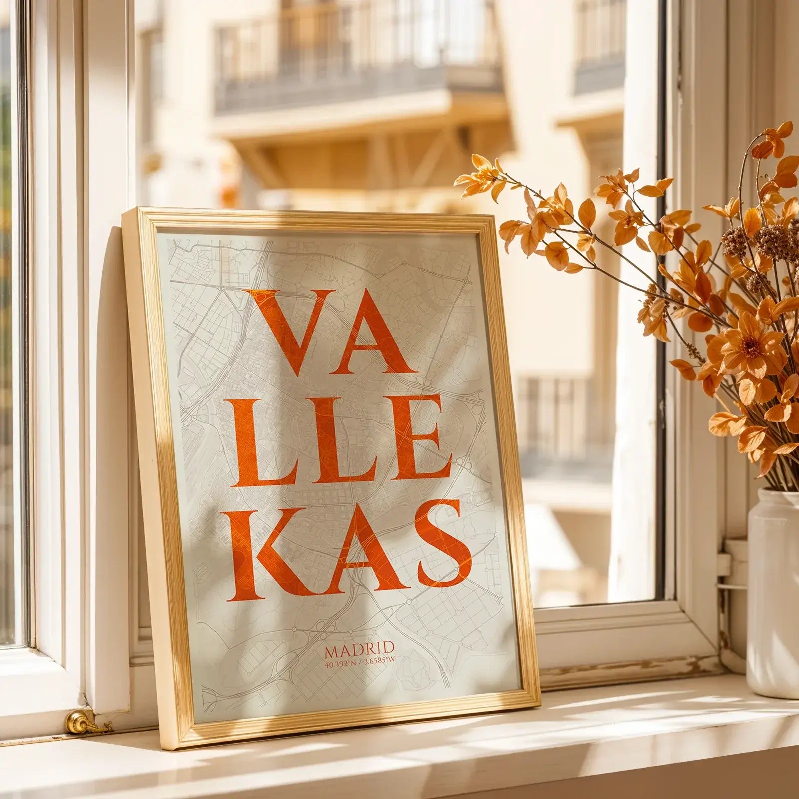 Modern interior design with a Vallecas in Classic design, inspired by chiseled typography with an elegant font that creates a beautiful visual contrast designed in orange and an off-white background, displayed on a living room wall