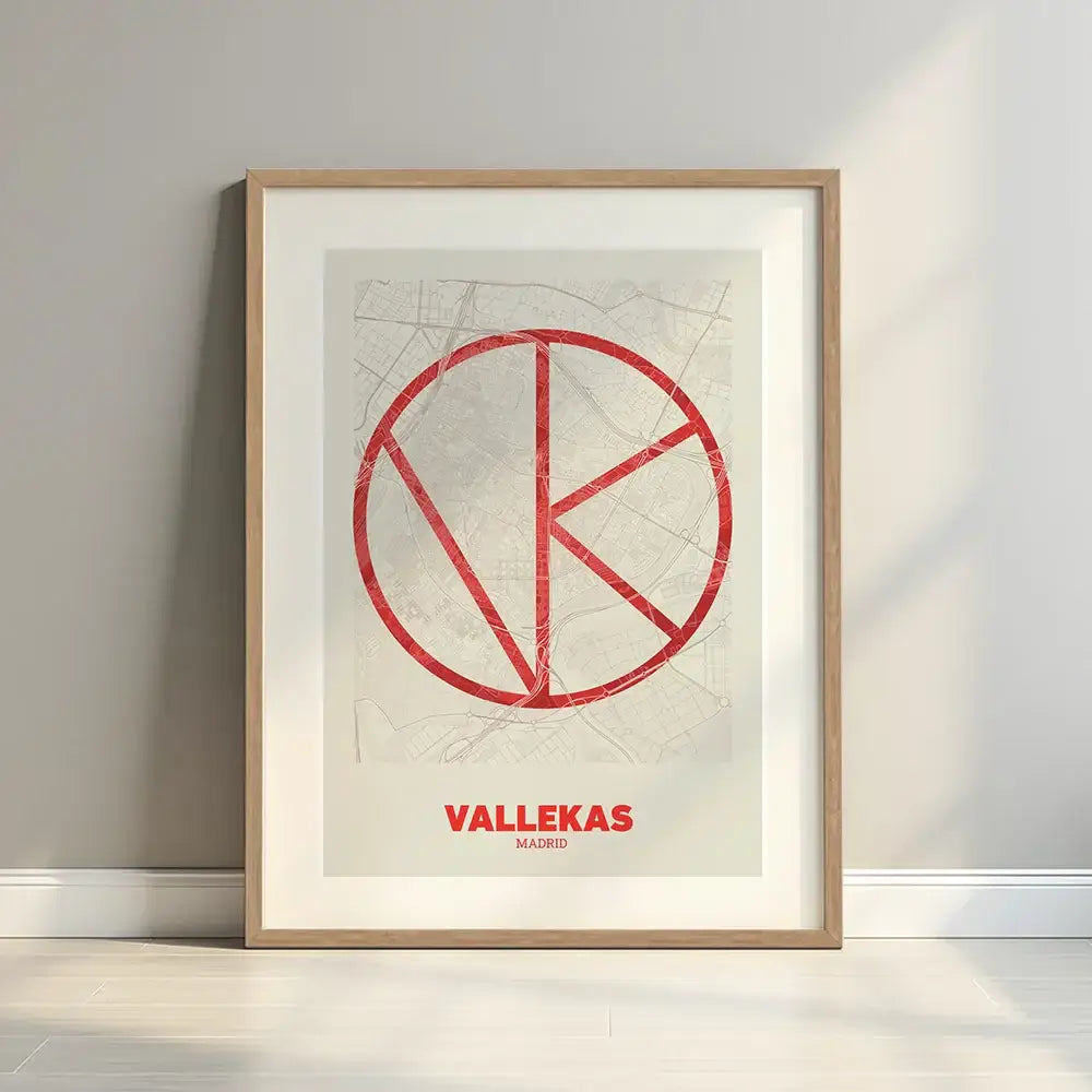 Framed Vallecas in Ultralight design, a minimalist aesthetic combining urban cartography with modern, extra-thin elegant lettering designed in red and an off-white background with a white margin border in a warm lit minimalist setting