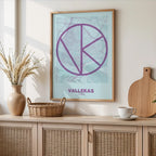 Modern interior design with a Vallecas in Ultralight design, a minimalist aesthetic combining urban cartography with modern, extra-thin elegant lettering designed in purple and light blue, displayed on a living room wall