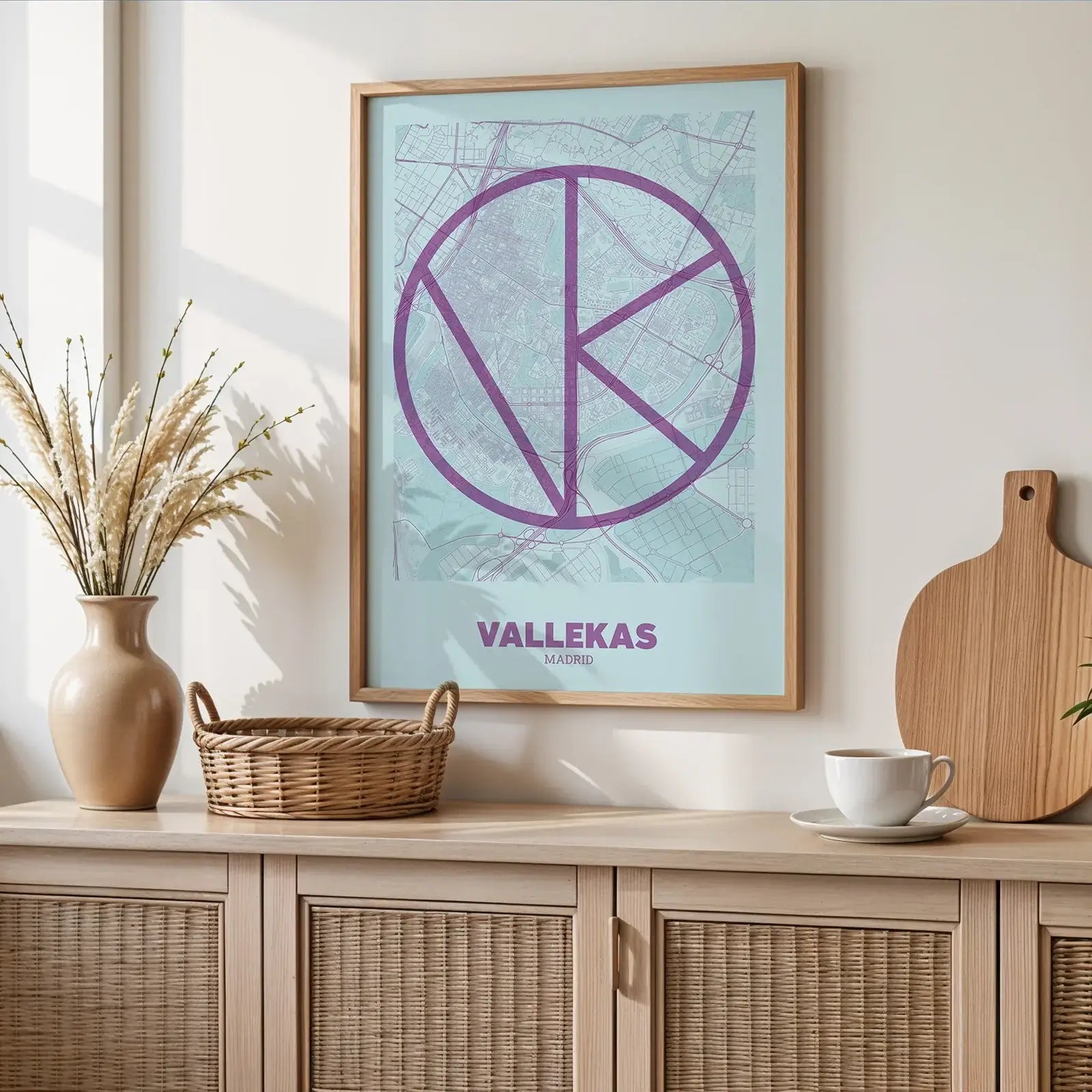 Modern interior design with a Vallecas in Ultralight design, a minimalist aesthetic combining urban cartography with modern, extra-thin elegant lettering designed in purple and light blue, displayed on a living room wall
