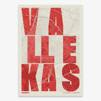 The map of Vallecas in Unruled design, where the city name letters appear randomly across different lines for a truly original urban layout designed in red and an off-white background