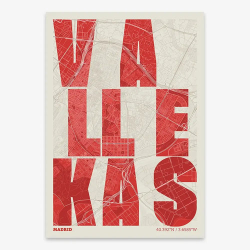 Mapa de Vallecas, Madrid, en el diseño la Revoltosa, donde las letras del nombre aparecen aleatoriamente en diferentes líneas para un diseño urbano realmente original diseñado en rojo y fondo blanco roto