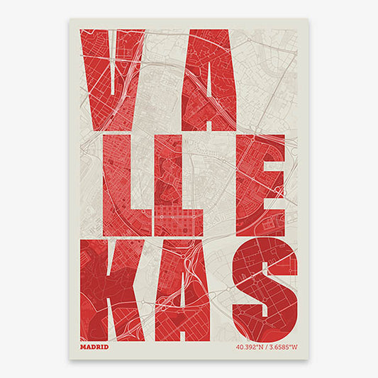 Lámina creativa de Vallecas, Madrid – Diseño gráfico y tipografía sobre mapa