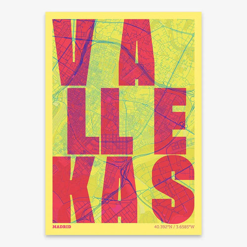 Mapa de Vallecas, Madrid, en el diseño la Revoltosa, donde las letras del nombre aparecen aleatoriamente en diferentes líneas para un diseño urbano realmente original diseñado en amarillo y fucsia
