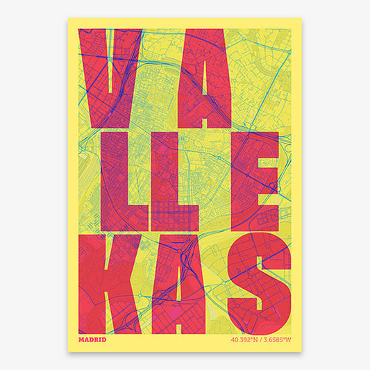 Lámina creativa de Vallecas, Madrid – Diseño gráfico y tipografía sobre mapa