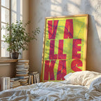 Modern interior design with a Vallecas in Unruled design, where the city name letters appear randomly across different lines for a truly original urban layout designed in yellow and fuchsia, displayed on a living room wall
