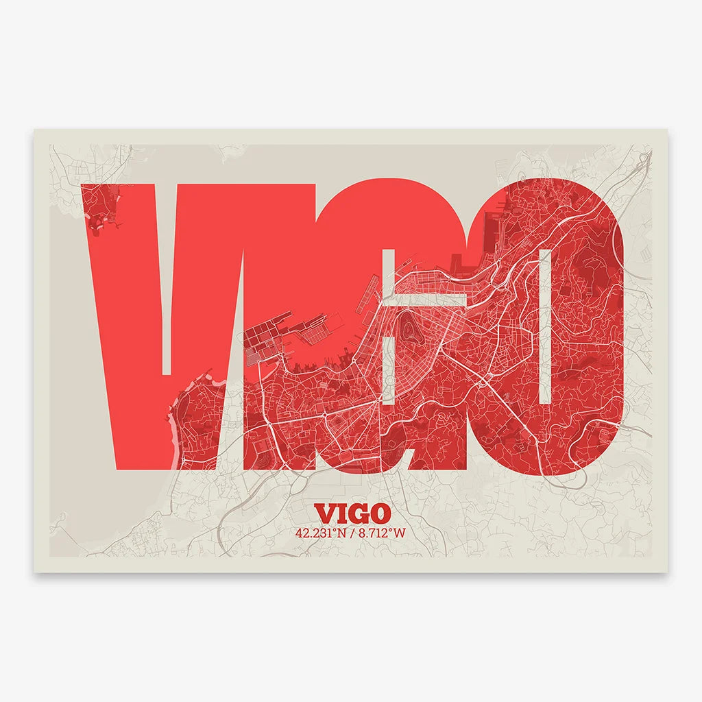 Decorative print of Vigo composed with letters in a heavy geometric font printed on red and an off-white background
