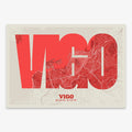 Decorative print of Vigo composed with letters in a heavy geometric font printed on red and an off-white background