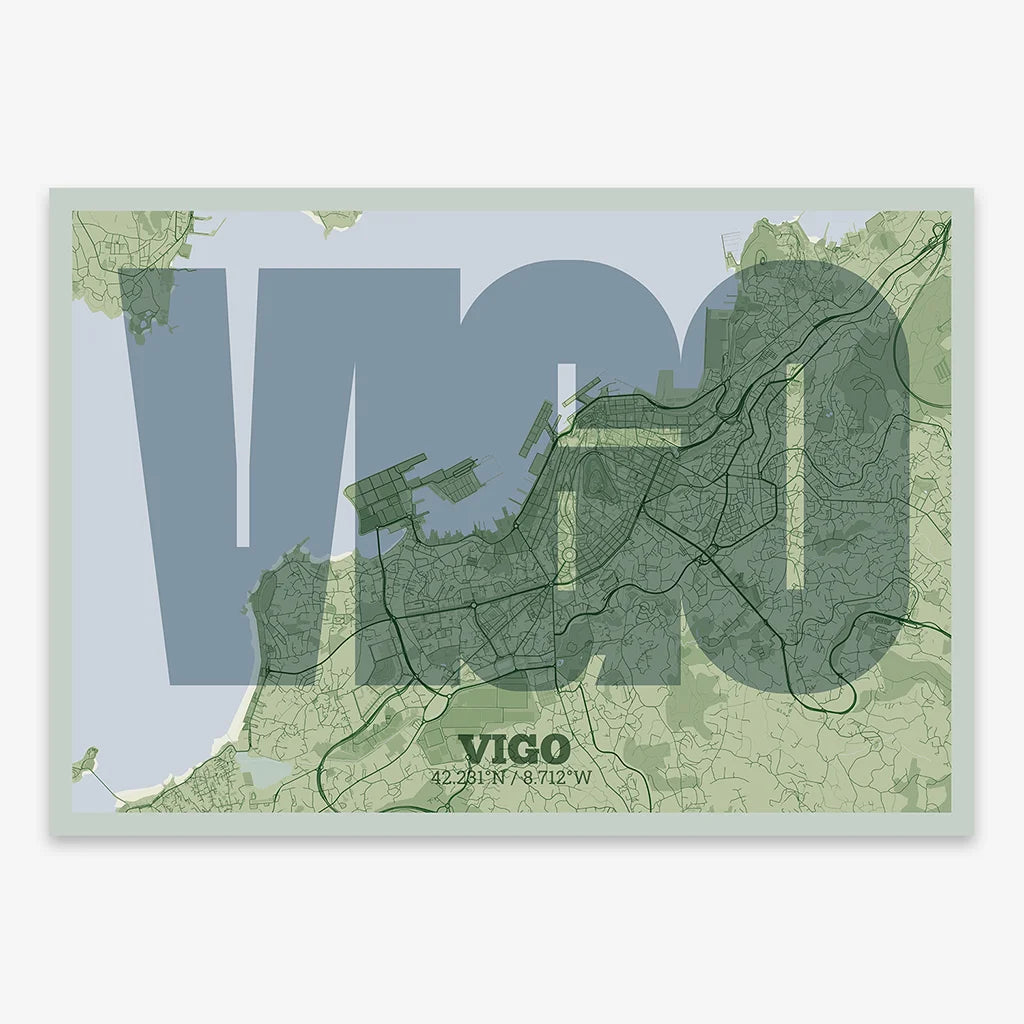 Decorative print of Vigo composed with letters in a heavy geometric font printed on two green tones