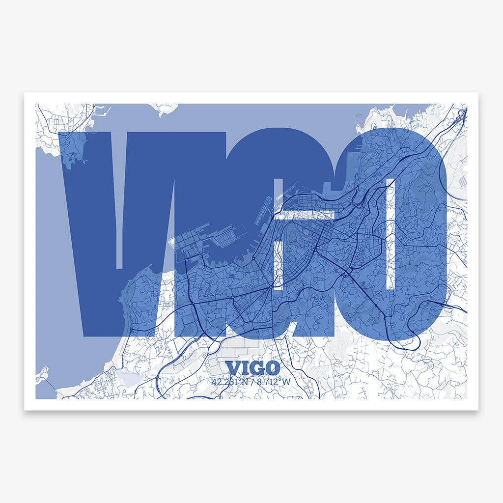 Decorative print of Vigo composed with letters in a heavy geometric font printed on navy blue and white