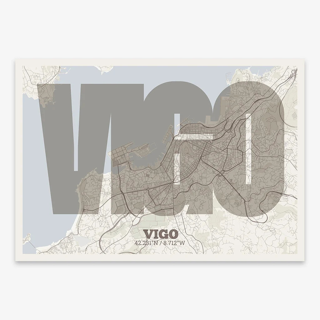 Decorative print of Vigo composed with letters in a heavy geometric font printed on light brown and an off-white background