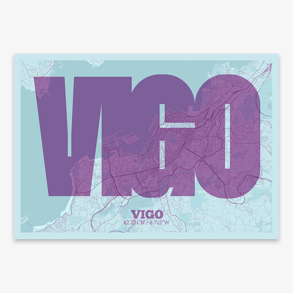 Decorative print of Vigo composed with letters in a heavy geometric font printed on purple and light blue