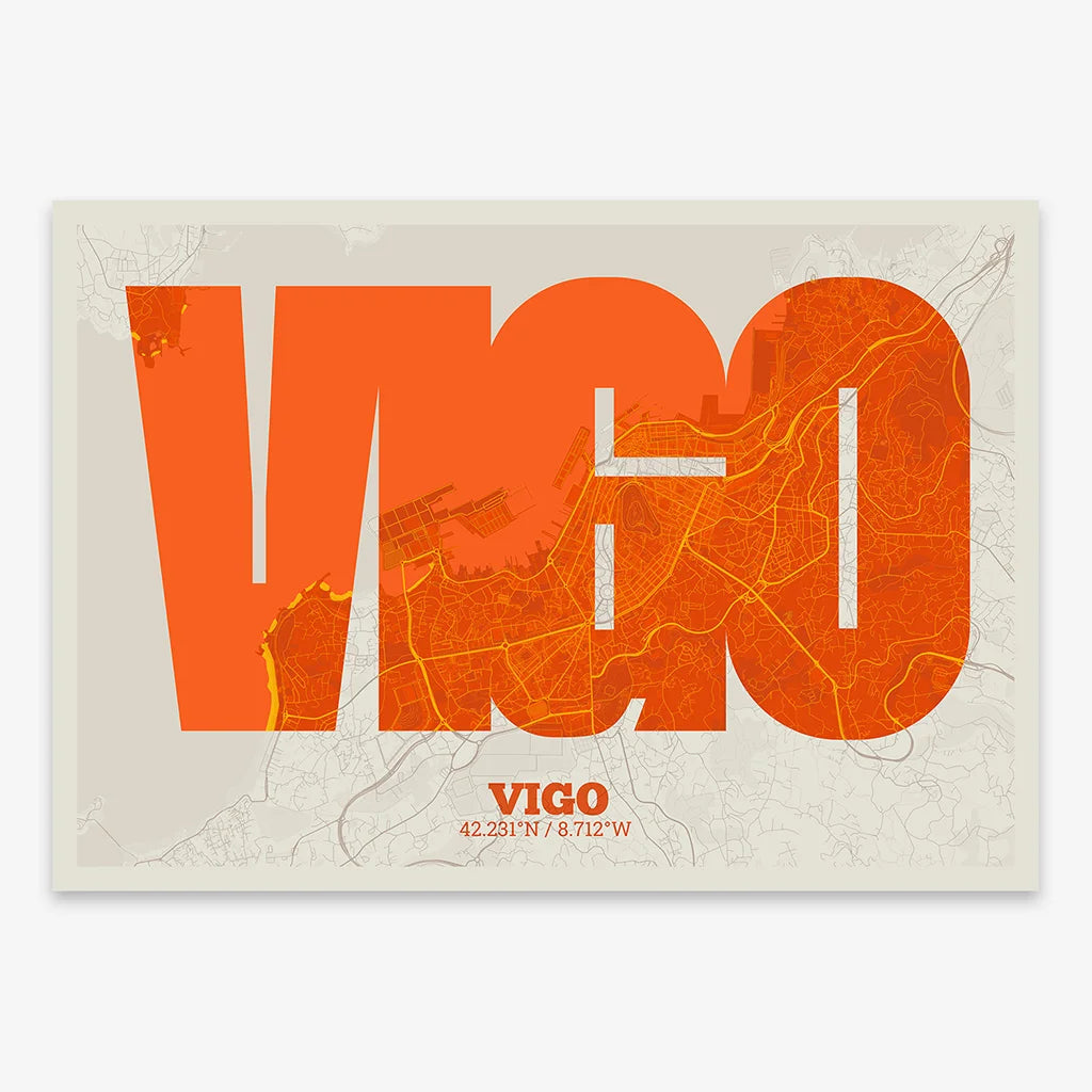 Decorative print of Vigo composed with letters in a heavy geometric font printed on orange and an off-white background