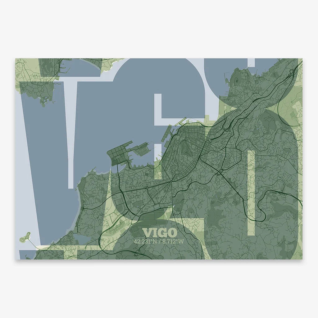 Poster of Vigo composed with letters from its abbreviation or its airport IATA code printed on two green tones