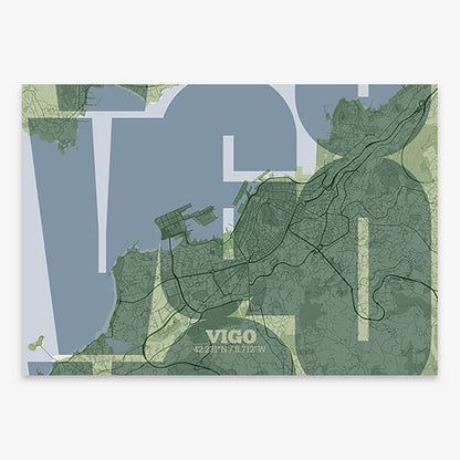 Poster of Vigo composed with letters from its abbreviation or its airport IATA code printed on two green tones
