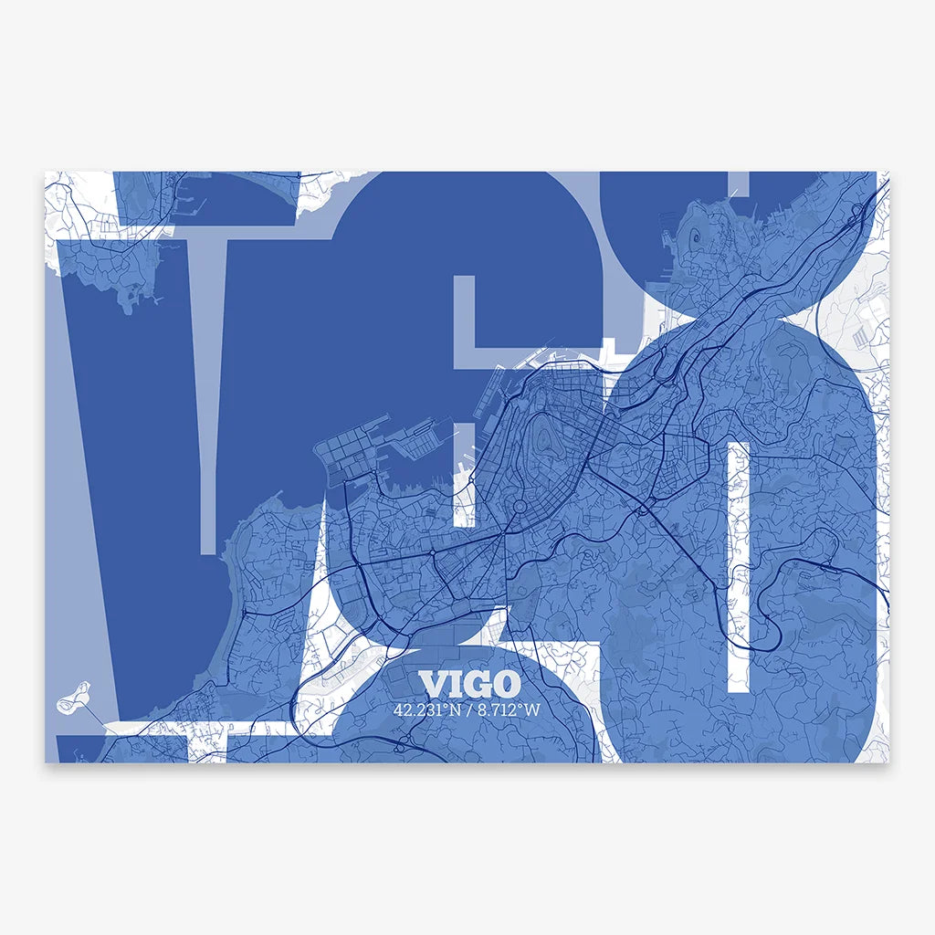 Poster of Vigo composed with letters from its abbreviation or its airport IATA code printed on navy blue and white