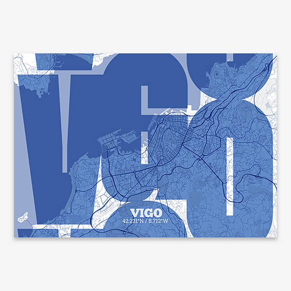 Poster of Vigo composed with letters from its abbreviation or its airport IATA code printed on navy blue and white