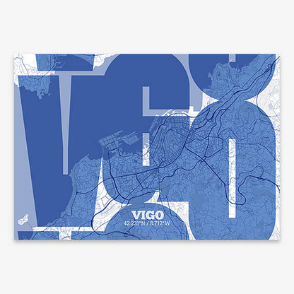 Poster of Vigo composed with letters from its abbreviation or its airport IATA code printed on navy blue and white