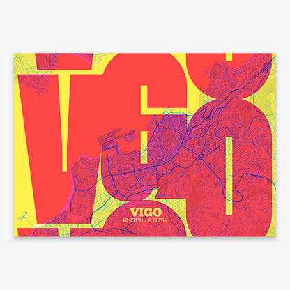 Poster of Vigo composed with letters from its abbreviation or its airport IATA code printed on yellow and fuchsia