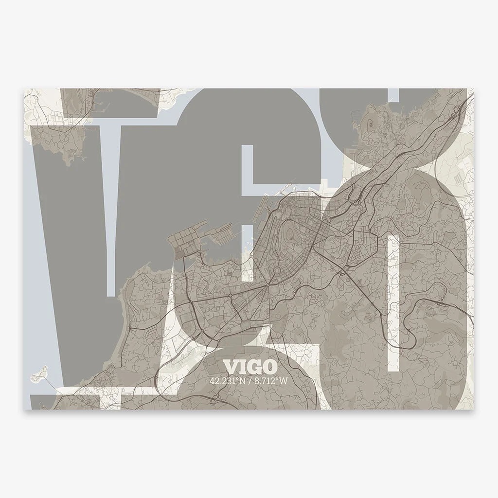 Poster of Vigo composed with letters from its abbreviation or its airport IATA code printed on light brown and an off-white background