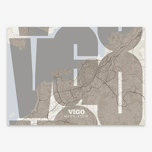 Poster of Vigo composed with letters from its abbreviation or its airport IATA code printed on light brown and an off-white background