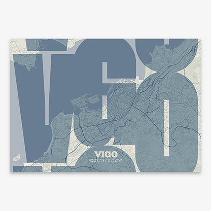 Poster of Vigo composed with letters from its abbreviation or its airport IATA code printed on bluish gray and an off-white background