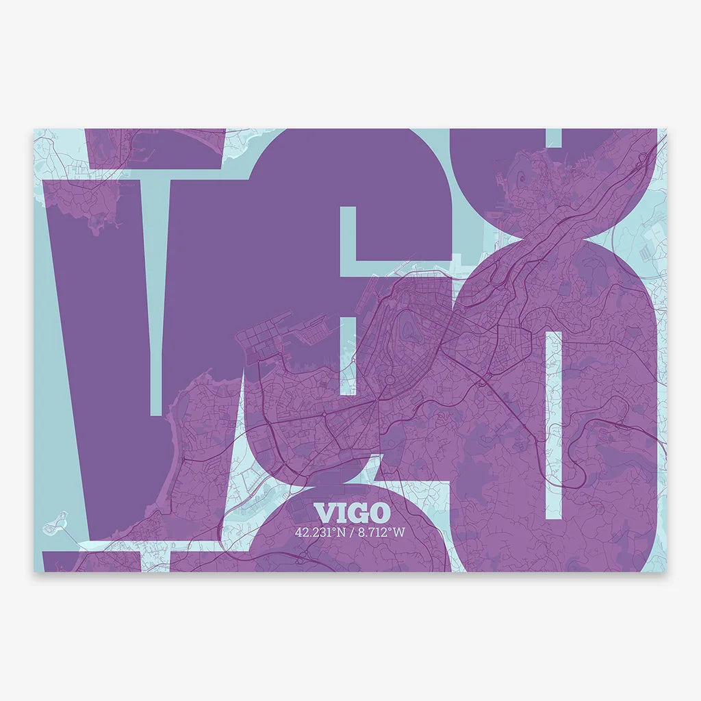 Poster of Vigo composed with letters from its abbreviation or its airport IATA code printed on purple and light blue